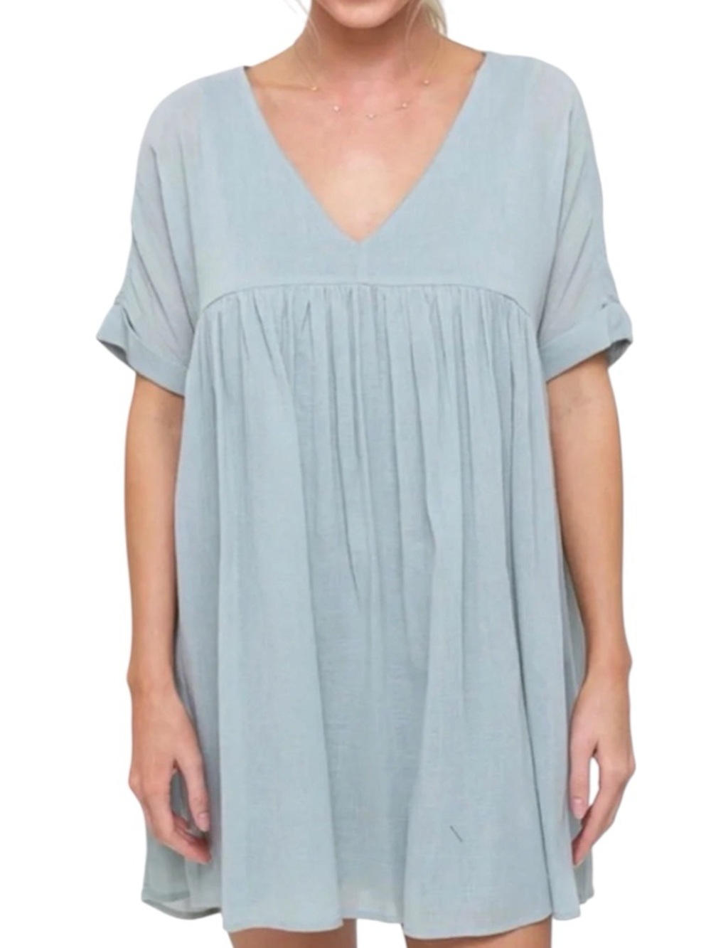 Listicle Mint Blue V-Neck Short Sleeve Babydoll Swing Dress